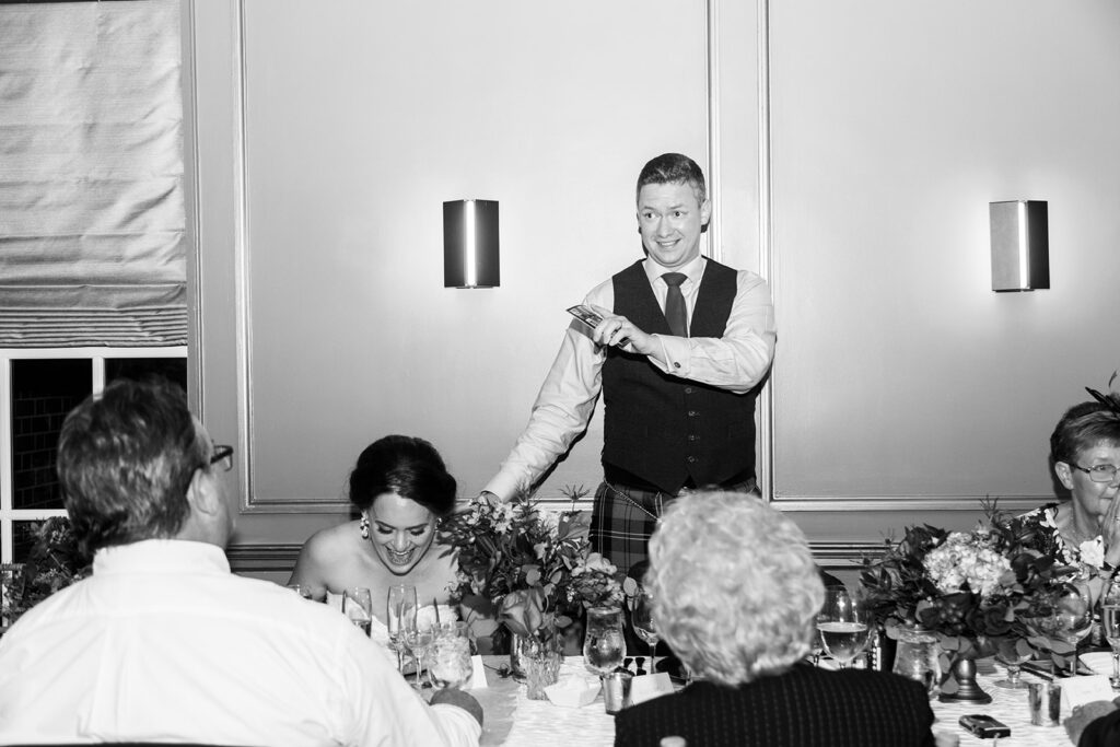 Groom giving a speech during the wedding reception at the Morrison House in Alexandria.