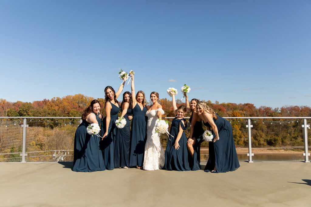 Rooftop bridal party photos at The Woolen Mill