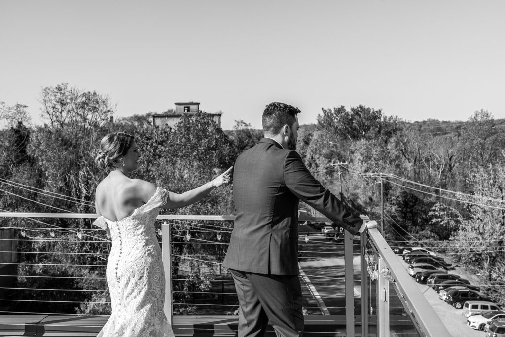 Rooftop first look at The Woolen Mill Fredericksburg wedding