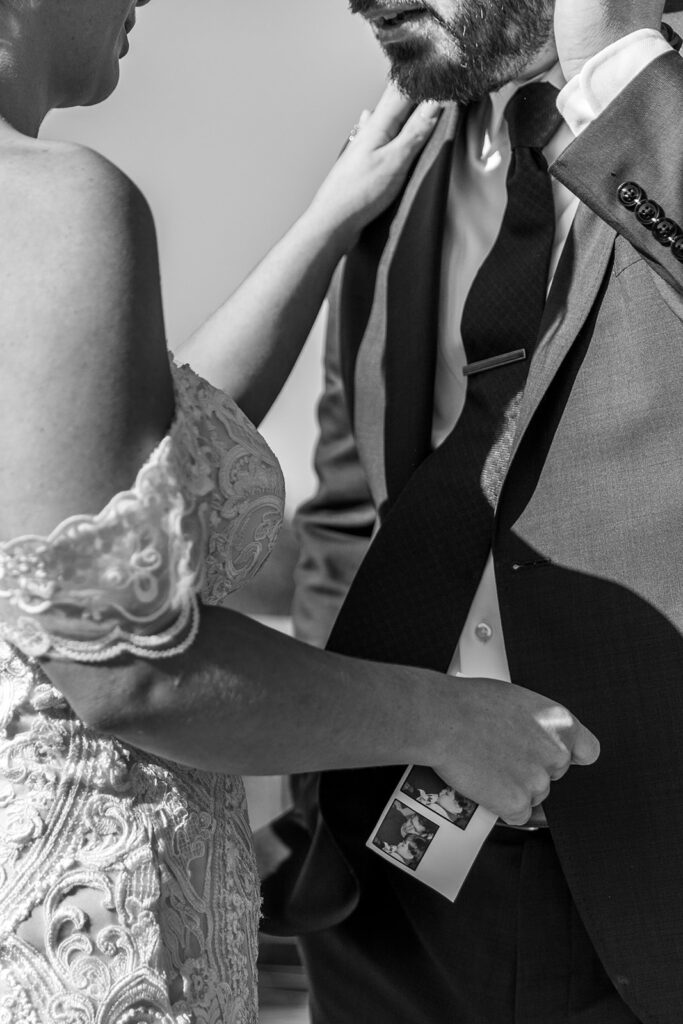 Rooftop first look at The Woolen Mill Fredericksburg wedding