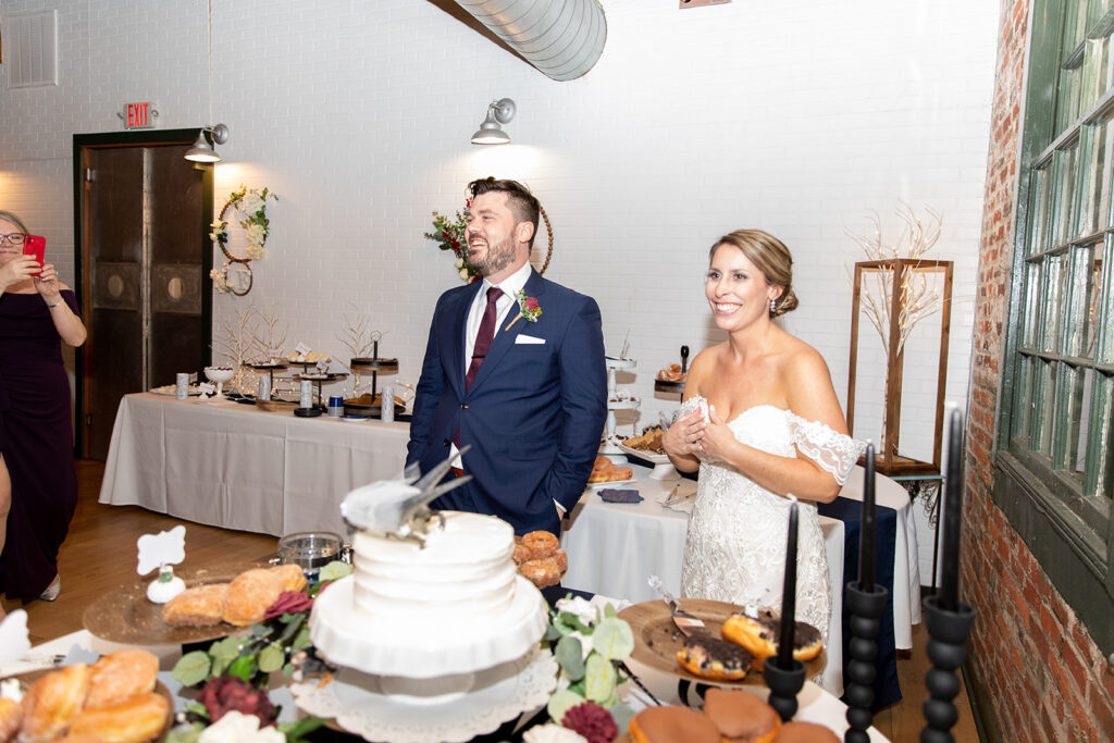Wedding reception with exposed brick at The Woolen Mill