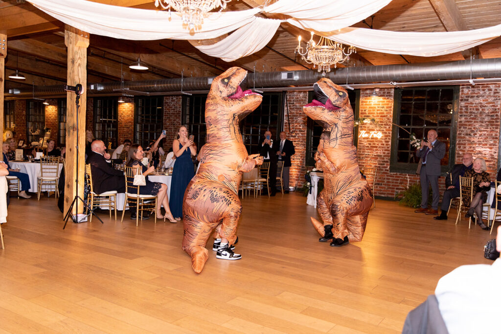 Wedding reception with exposed brick at The Woolen Mill
