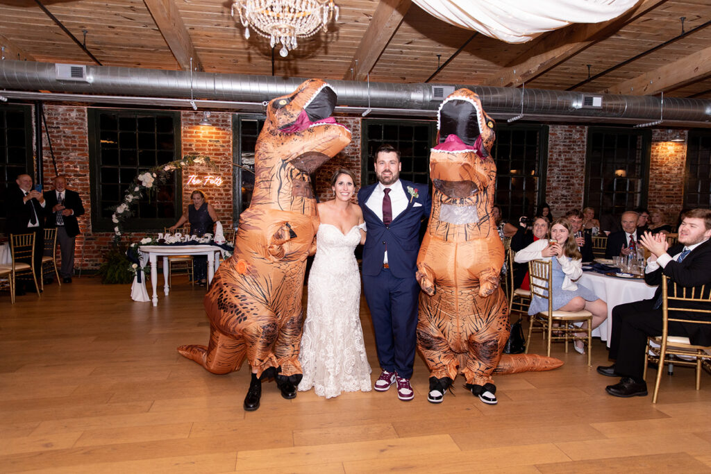 Wedding reception with exposed brick at The Woolen Mill