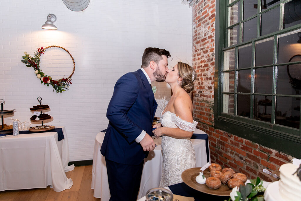 Wedding reception with exposed brick at The Woolen Mill