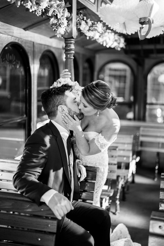 Bride and groom photos on the Fredericksburg Trolley at the Woolen Mill